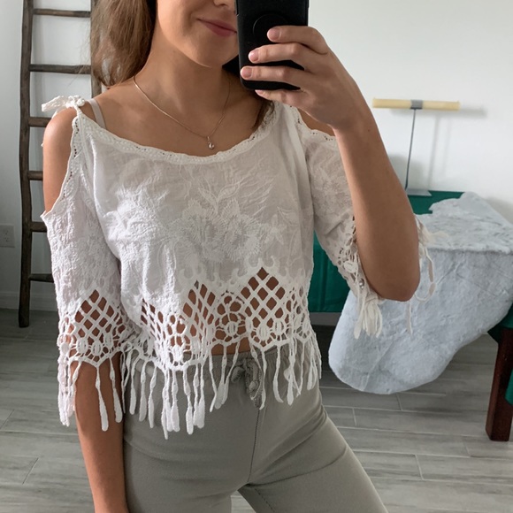 Crochet White Crop Top, Cover Up / Size S - Picture 2 of 12